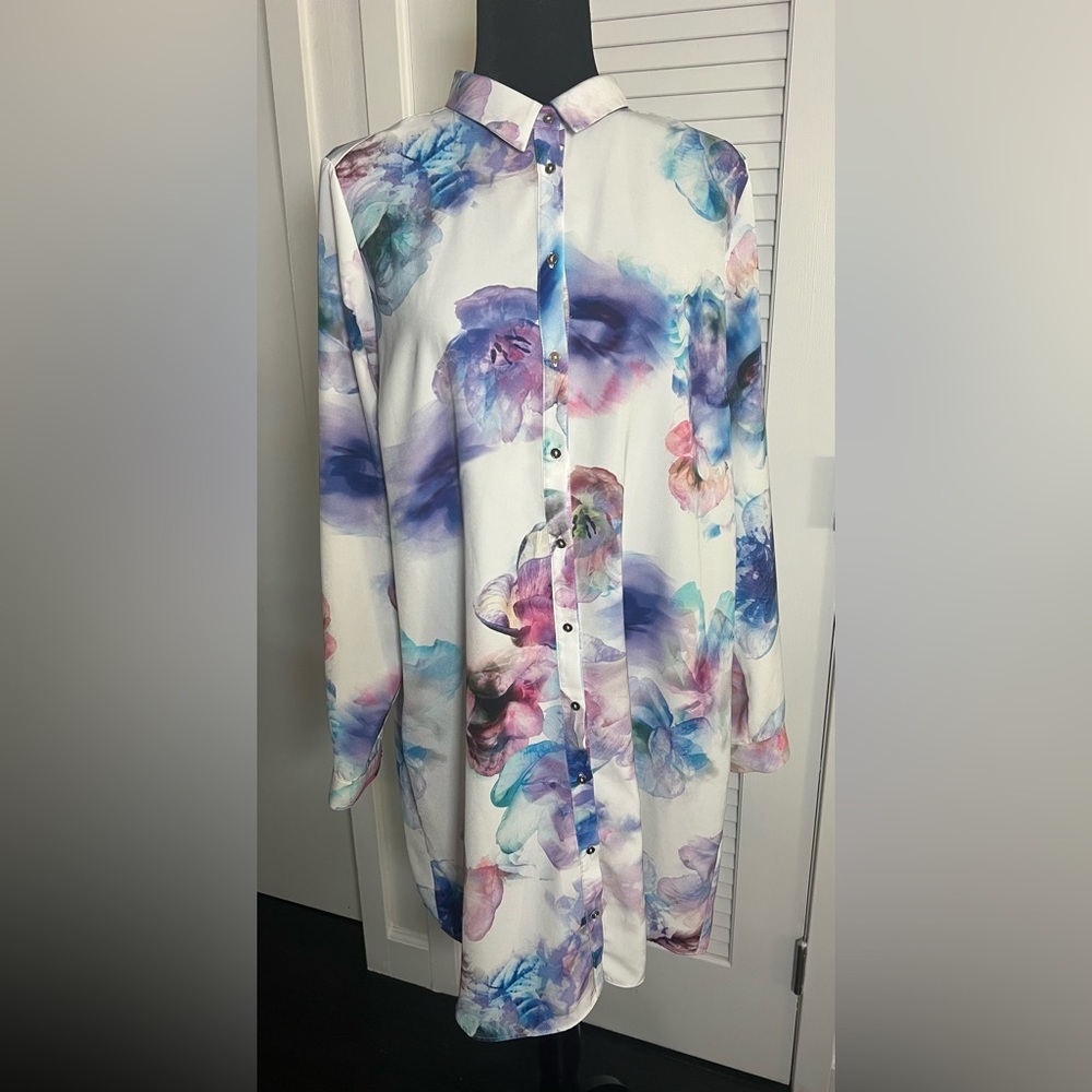 EUC River Island Watercolor Flowy Floral Button Down Shirt Dress Sz UK‎ 16 US 12
